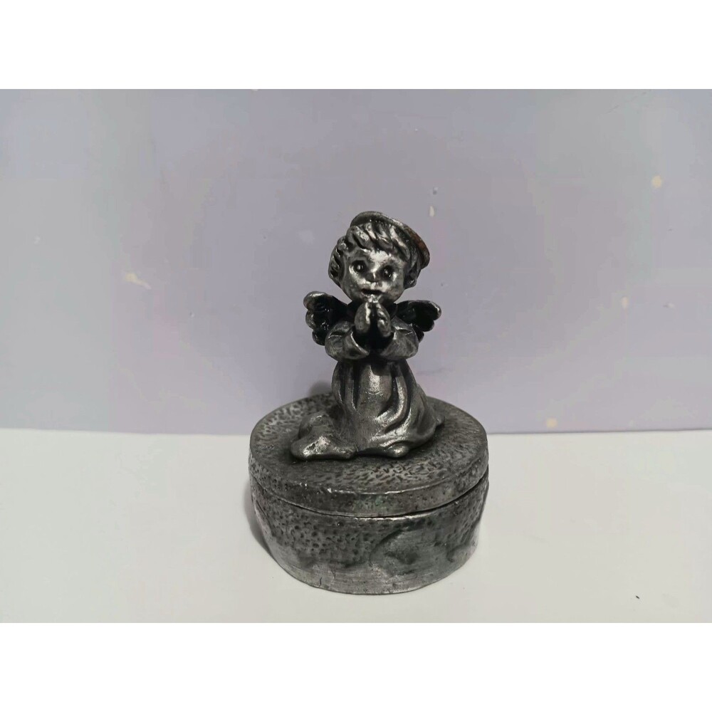 Vintage Pewter Boy Angel Trinket Box w/ Rhinestone Halo Figurine 2"